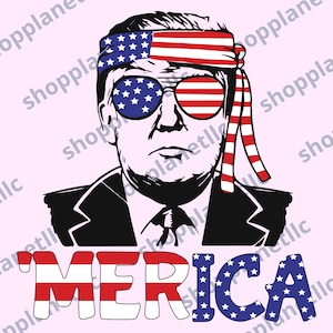 Könnte beinhalten: Eine Schwarzweißillustration einer Person, die ein rot-weiß-blaues Bandana und eine Sonnenbrille trägt. Das Wort "MERICA" ist in rot-weiß-blauen Buchstaben mit Sternen geschrieben.