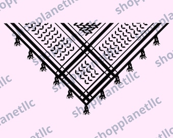 May include: Black and white patterned headscarf with fringe. The pattern features a geometric design with a central diamond shape.