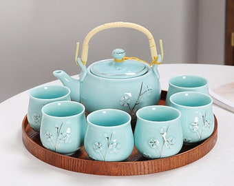 Cyan plum blossom ceramic tea set, teapot teacup, Japanese tea set, Kung Fu tea set, teapot with infuser, retro tea set, housewarming gift