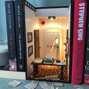 Book nook the shining shelf insert bookshelf diorama horror 80s movie premade booknook Miniature door redrum library king book nook gift