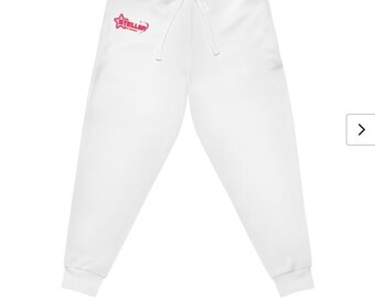 May include: White sweatpants with a pink and white logo that says "STELLAR" with a star and a rocket ship.