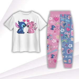 Stitch And Angel Pajamas Set, Disney Valentine Pajamas Women, Valentine Gift, Magic Kingdom Holiday Pajamas, Matching Pajamas Set
