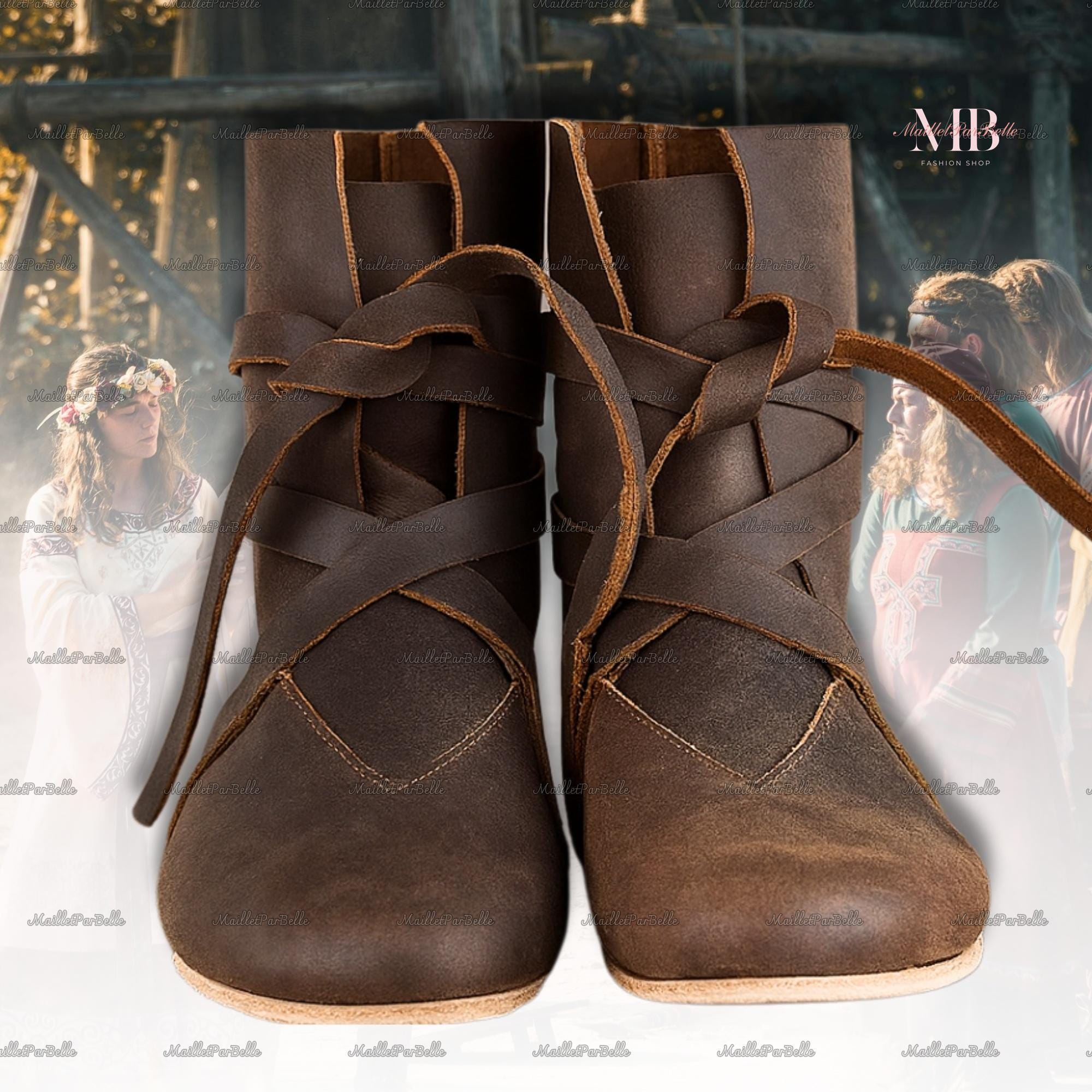 Brown Viking Larp Boots, Faux Leather Medieval Shoes for Men, Wrap Style Warrior Boots, Halloween Cosplay Shoes For Men