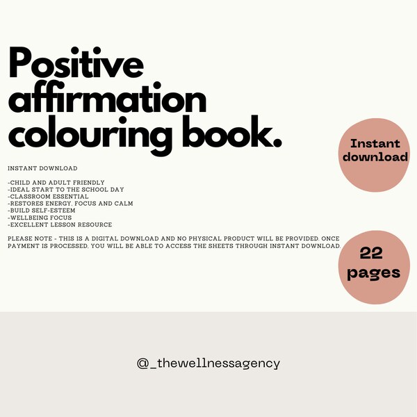 Positive affirmation colouring book | digital printable PDF download | classroom workbook adult and child friendly