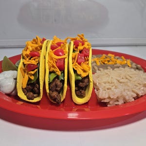 Fake/Faux Mexican Dinner Platter, Tacos, Rice, Refried Beans, Sour Cream, Lime, Cinco de Mayo