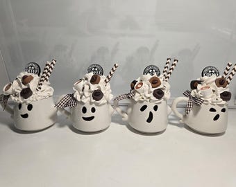 Taza de café fantasma en miniatura con decoración de crema batida falsa - Decoración de cafetería de Halloween
