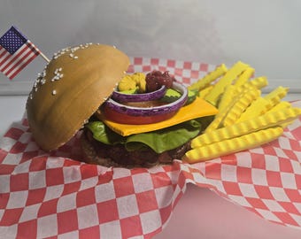 Fake Cheeseburger and French Fries, Summer Grilling, Summer BBQ, Summer Barbeque, Summer Cookout, Independence Day, 4th of July