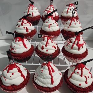 Fake/Faux Bloody Halloween Cupcakes with Sharp Weapons, Horror Cupcakes, Halloween Decor, Fall Tiered Tray Decor