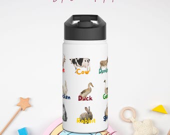 Botella de agua educativa con animales de granja para niños, aprendizaje preescolar, regalo para la vuelta al cole.
