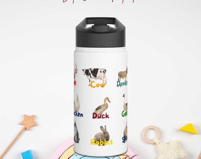 Farm Animals Learning Water Bottle for Kids, Preschool Learning, Back to school gift