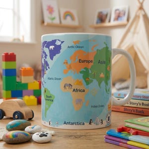 World Map Mug, Geography Gift, Continents Ocean Cup, Kids Learning Mug, Teacher Gift, Preschool Gift Idea