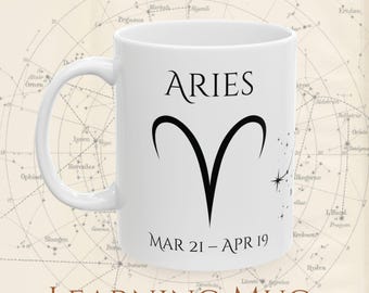 Taza del zodiaco Aries. Taza de café astrológica con constelación, fechas de cumpleaños y rasgos de personalidad. Regalo educativo.