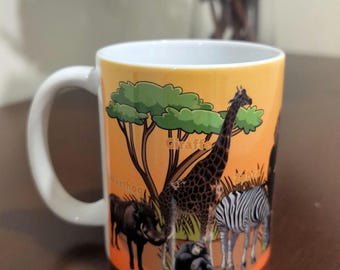 Animals Of Africa Learning Mug for Kids, Preschoolers, Kindergartens Ceramic Mug, 11oz