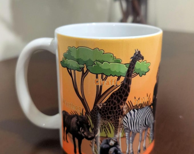 Animals Of Africa Learning Mug for Kids, Preschoolers, Kindergartens Ceramic Mug, 11oz