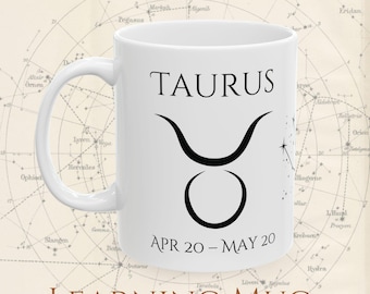 Taza del zodiaco Tauro. Taza astrológica con constelación, fecha de nacimiento y rasgos de personalidad. Regalo de cumpleaños.