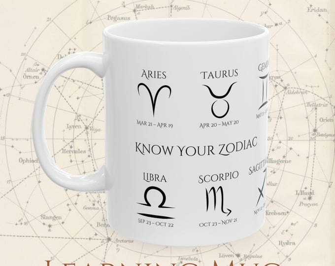 Know Your Zodiac Mug. Coffee Cup with All Zodiac Signs and Birth Dates