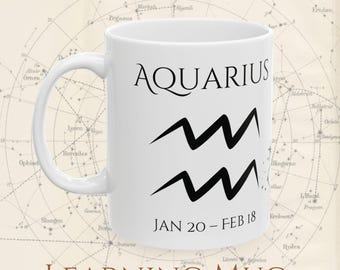 Taza del zodiaco Acuario. Taza astrológica con constelación, fechas de cumpleaños y rasgos de personalidad. Regalo del horóscopo.