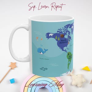 Kontinente und Ozeane Keramiktasse, Interaktive Lerntasse für Kinder, Spaß Weltkarte Lehrgeschenk, Tägliches Lernen