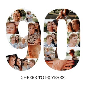 modelo de colagem de fotos número 90, personalizado, presente de aniversário de 90 anos, decoração, Canva, arrastar e soltar, Photoshop, para impressão, download instantâneo