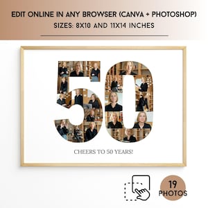 number 50 photo collage template, personalized, 50th birthday gift, decor, Canva, Drag & Drop, Photoshop, printable, Instant Download