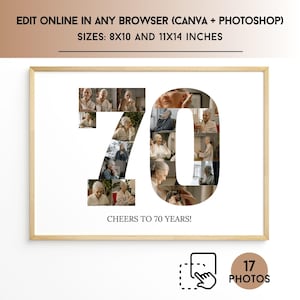 number 70 photo collage template, personalized, 70th birthday gift, decor, Canva, Drag & Drop, Photoshop, printable, Instant Download