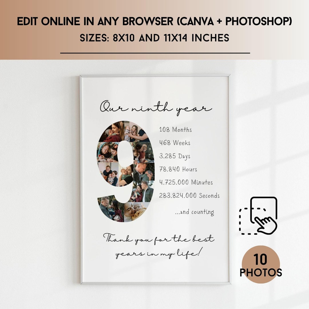9 Year Anniversary Gift for Him, Photo Collage, Personalized, 9th ...