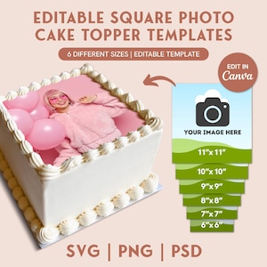 editable Burn Away Cake Topper Photo Template, Birthday Square Photo Cake Topper, Printable, svg, png, Canva, Sugar Frosting, Wafer Paper
