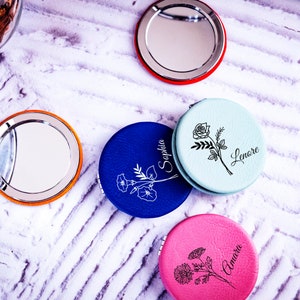 Birth Flower Compact Mirror, Women&#39;s Makeup Mirror, Birth Flower Purse Mirror, Engraved Small Mirror, Gift For Her, Custom Pocket Mirror