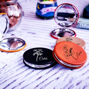 Birth Month Flower Compact Mirror, Personalized Compact Mirror, Birth Month Mirror, Leather Compact Mirror, Bridesmaid Gift, Birthday Gift