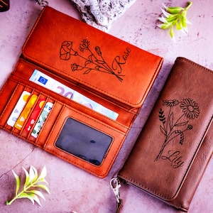 Birth Flower Wallet for Women, Slim Leather wallet, Leather Wallet, Gift for Her, Foldable Wallet, Custom Birthday Gift, Gift For Sister