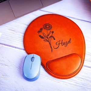 Custom Birth Flower Mousepad, Leather Birth Flower Mousepad, Mousepad with Wrist Rest, Mousepad for Her, Customized Boss Gift, Birthday Gift