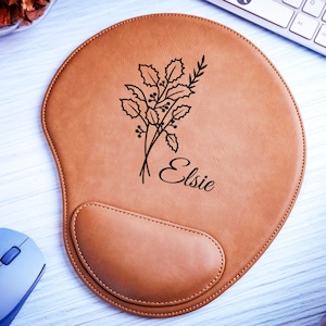 Birth Flower Engraved Mousepad, Customized Desk Pad, Personalized Leather Mouse Pad with Wrist Rest, Birthday Gift, Floral Design Mousepad