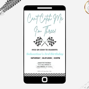 Invitation numérique d&#39;anniversaire de course de voitures de course modifiable, j&#39;ai trois ans