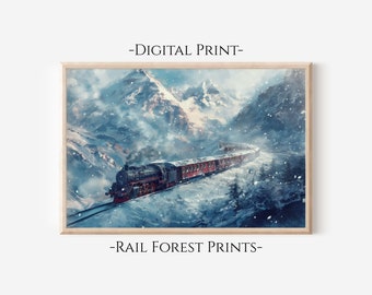 Arte del tren de montaña nevada / Decoración clásica de la pared de la sala del tren / Impresión de arte digital / Impresiones del bosque ferroviario / 1-3