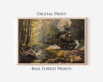 Arte del tren de excursión al bosque / Decoración clásica de la pared de la sala del tren / Impresión de arte digital / Impresiones del bosque ferroviario / 1-1