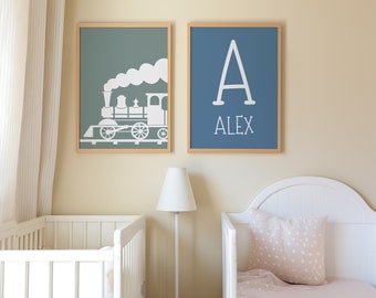 Póster personalizado del tren de la habitación para niños / Conjunto de 2 arte de pared impreso, regalo de cumpleaños para niños / Impresión de arte físico / Impresiones del bosque ferroviario / 1-25