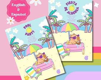 Capybara Pool Party Birthday Invitation: Editable Digital Template (English/Español)