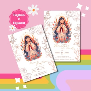 Convite Editável para Festa de Batismo da Virgencita de Guadalupe - Modelo digital para impressão - Invitación de Bautizo Rose Gold - English Español