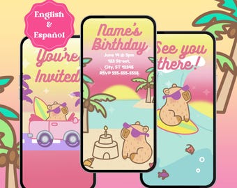 Cute Capybara Beach Birthday Invitation – Video Digital Template (English Español)