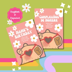 Bewerkbare Retro Capybara verjaardagsuitnodiging voor feest – Capy afdrukbare digitale sjabloon - Invitación de Cumpleaños Capibara - English Español