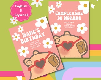 Retro Capybara Birthday Invitation: Editable Digital Template (English/Español)