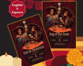Dia De Muertos Invitation – Mariachi Couple, Calavera Design - English & Spanish (Digital Template)