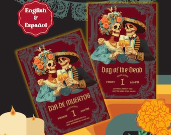 Editable Dia De Muertos Invitation – Mariachi Calavera Catrina - English & Spanish (Digital Template)