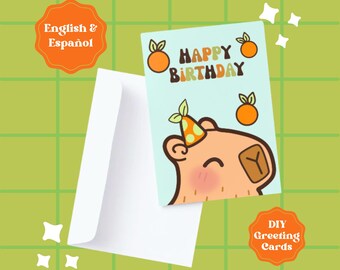 Capybara Greeting Cards in English and Español  - Printable DIY - Birthday & Thank You Cards