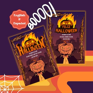 May include: Halloween-themed flyer with a pumpkin-headed character in a cape, surrounded by a spooky town silhouette. The flyer features the text "Happy Halloween" and event details in orange and white against a dark purple background.