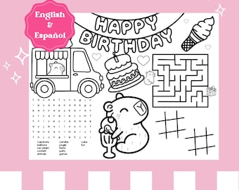 Capybara Ice Cream Birthday Coloring Sheet – Printable Activity (English Español)