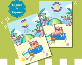Capybara Pool Party Birthday Invitation: Editable Template in English and Spanish (Digital Download)