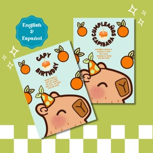 Bearbeitbare niedliche Capybara-Geburtstagsfeier-Einladung - Capy druckbare digitale Vorlage - Invitación de Birpleaños Capibara - Englisch Español