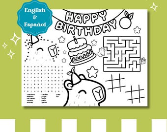 Capybara Birthday Coloring Sheet – Printable Party Activity (English/Español Digital Download)