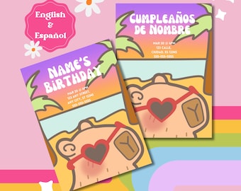 Beach Capybara Birthday Invitation: Editable Digital Template in English and Spanish (English/Español)